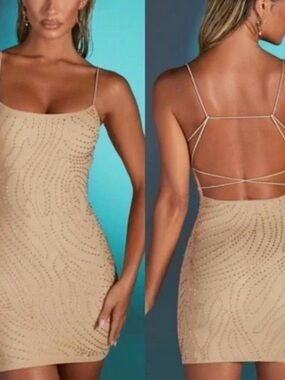 Oh Polly Nude Beaded Strappy Mini Dress